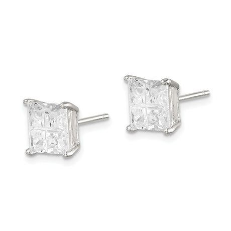 Sterling Silver Princess Cut Stud Earrings with Square Cubic Zirconia, Four Prong Basket Setting