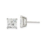 Sterling Silver Princess Cut Stud Earrings with Square Cubic Zirconia, Four Prong Basket Setting