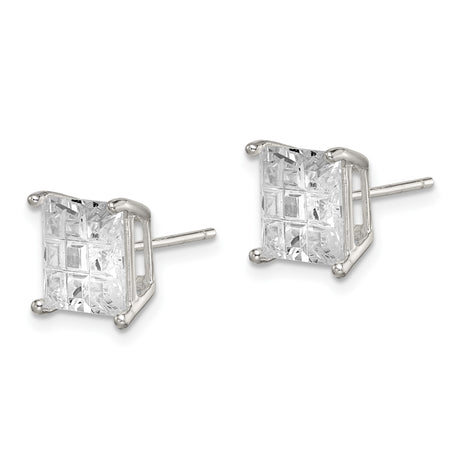 Sterling Silver Square Stud Earrings with Cubic Zirconia, 8mm Princess Cut Geometric Design