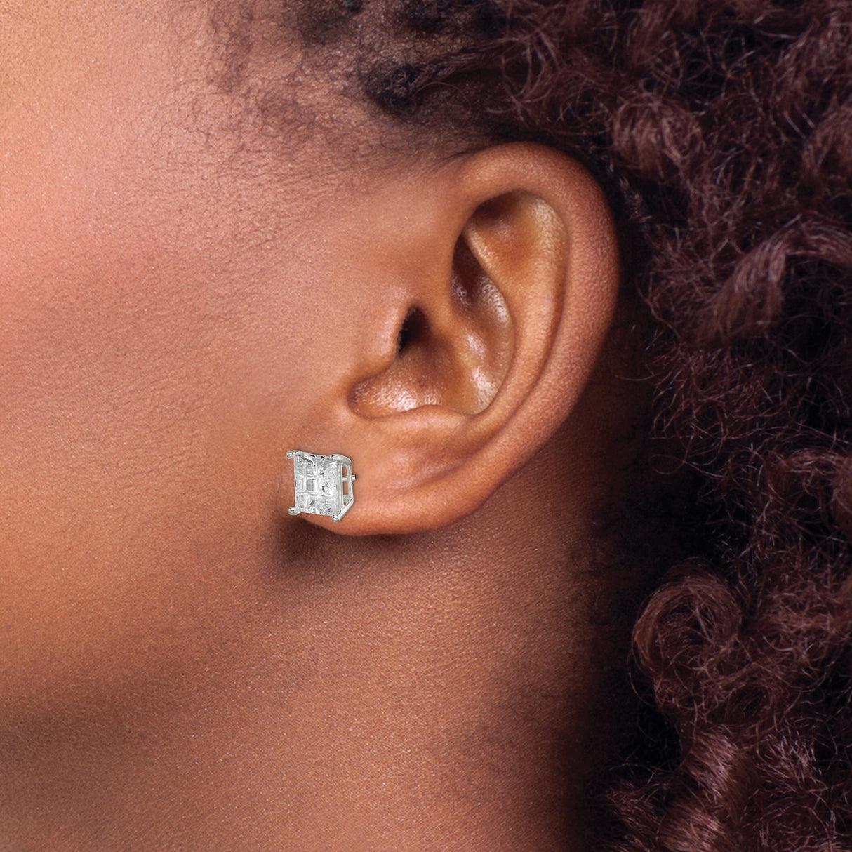 Sterling Silver Square Stud Earrings with Cubic Zirconia, 8mm Princess Cut Geometric Design