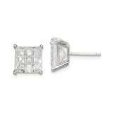 Sterling Silver Square Stud Earrings with Cubic Zirconia, 8mm Princess Cut Geometric Design