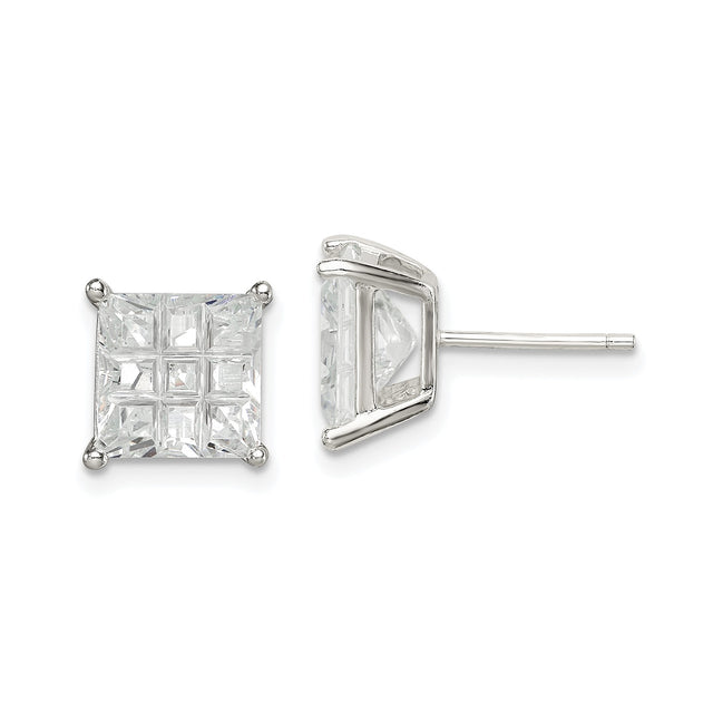 Sterling Silver Square Stud Earrings with Cubic Zirconia, 8mm Princess Cut Geometric Design