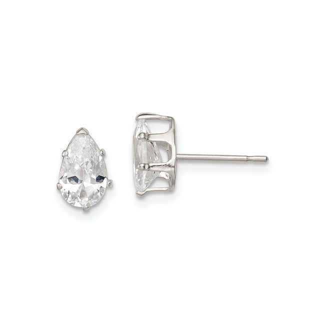 Sterling Silver Pear Shape Stud Earrings with Clear Cubic Zirconia Prong Setting