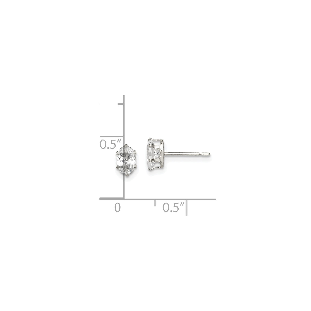 Sterling Silver Oval Stud Earrings with Clear Cubic Zirconia Solitaire Prong Setting