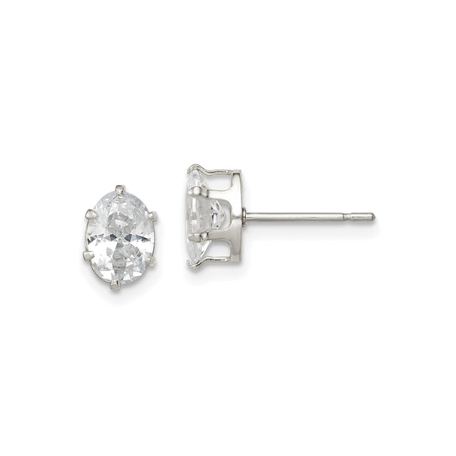 Sterling Silver Stud Earrings with Oval Cut Cubic Zirconia, Classic Four Prong Design for Women
