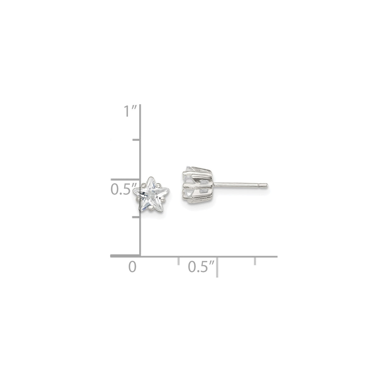Sterling Silver Star Stud Earrings with Cubic Zirconia Center, Five Pointed Celestial Design