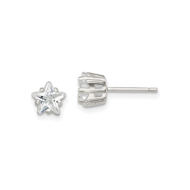Sterling Silver Star Stud Earrings with Cubic Zirconia Center, Five Pointed Celestial Design