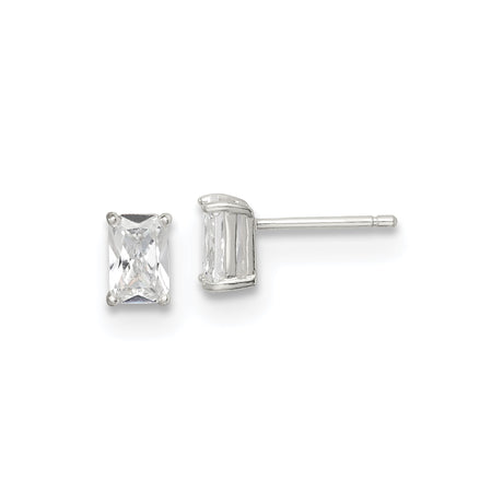 Sterling Silver Stud Earrings with Rectangular Cut Clear Cubic Zirconia in Four Prong Basket Setting, Elegant Minimalist Design for Women, Lightweight Modern Style for Everyday or Formal Wear