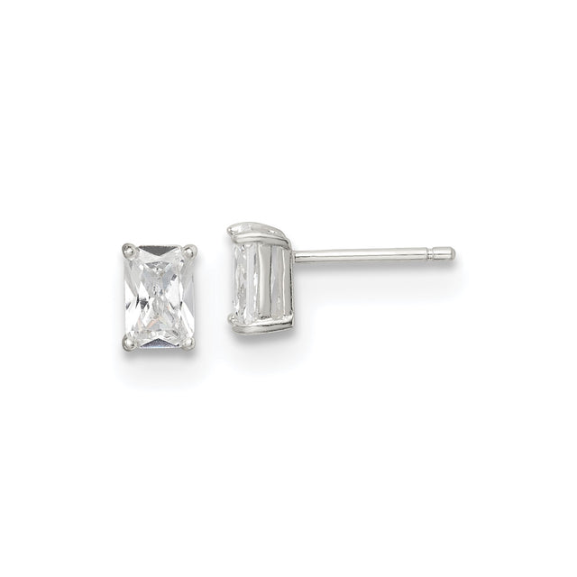 Sterling Silver Stud Earrings with Rectangular Cut Clear Cubic Zirconia in Four Prong Basket Setting, Elegant Minimalist Design for Women, Lightweight Modern Style for Everyday or Formal Wear