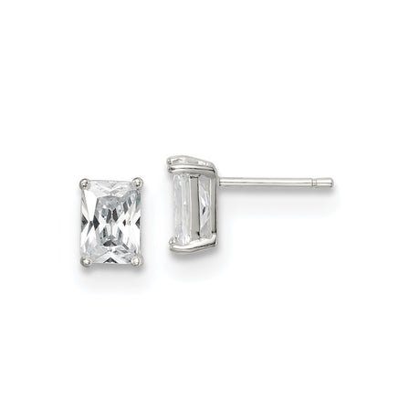 Sterling Silver Stud Earrings with Rectangular Cut Clear Cubic Zirconia, Basket Setting, Elegant Design for Women, Classic Formal Silver Jewelry, Everyday Fashion Studs, Fine Modern Earrings