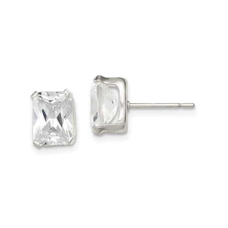 Sterling Silver Stud Earrings with Emerald Cut Cubic Zirconia, Rectangle Basket Set