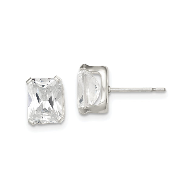 Sterling Silver Stud Earrings with Emerald Cut Cubic Zirconia, Rectangle Basket Set