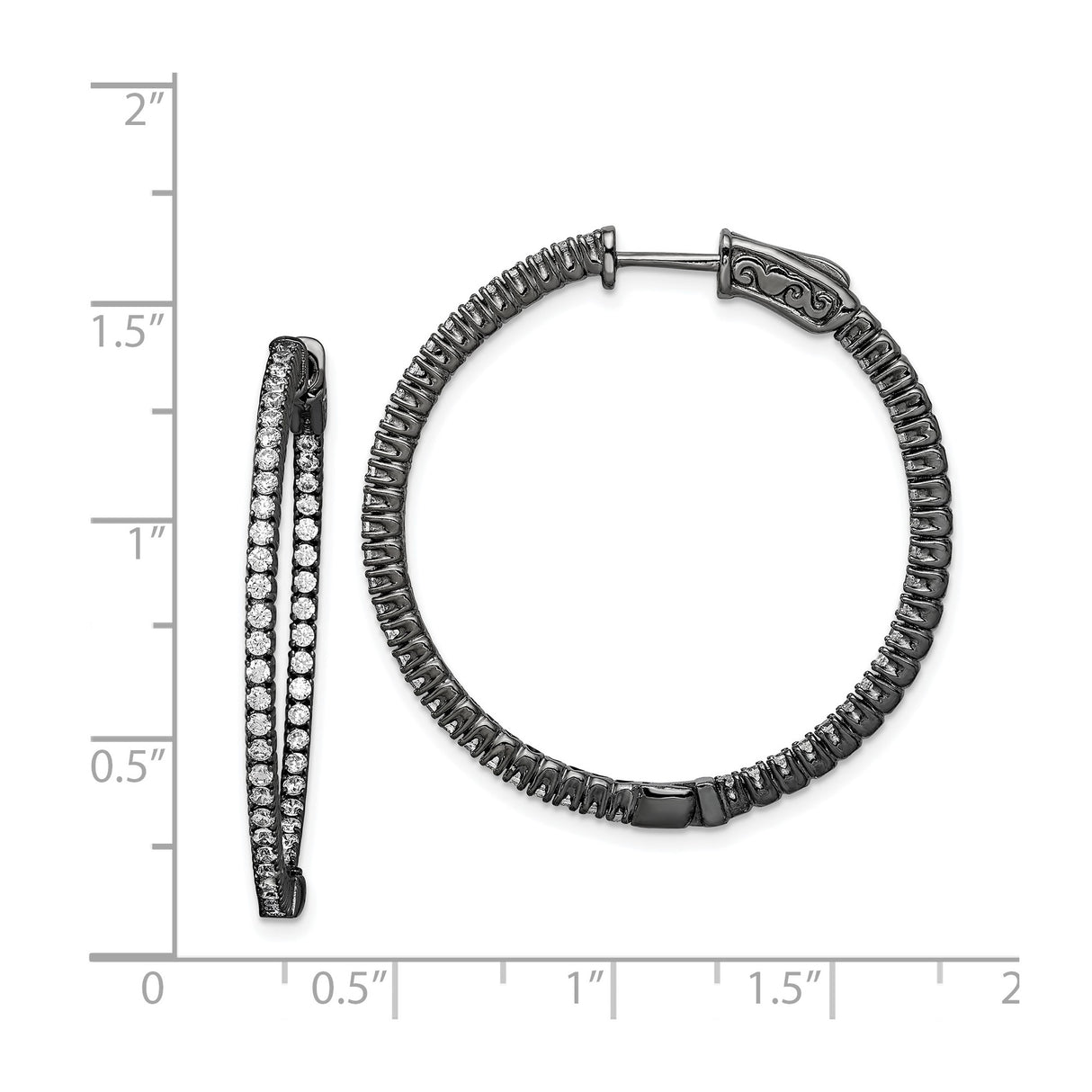 Sterling Silver Hoop Earrings with Cubic Zirconia, Black Plated, Textured Scroll Design