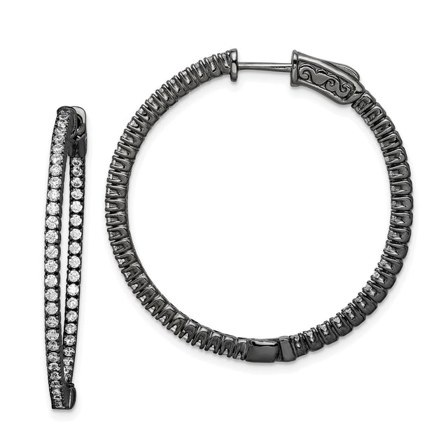 Sterling Silver Hoop Earrings with Cubic Zirconia, Black Plated, Textured Scroll Design