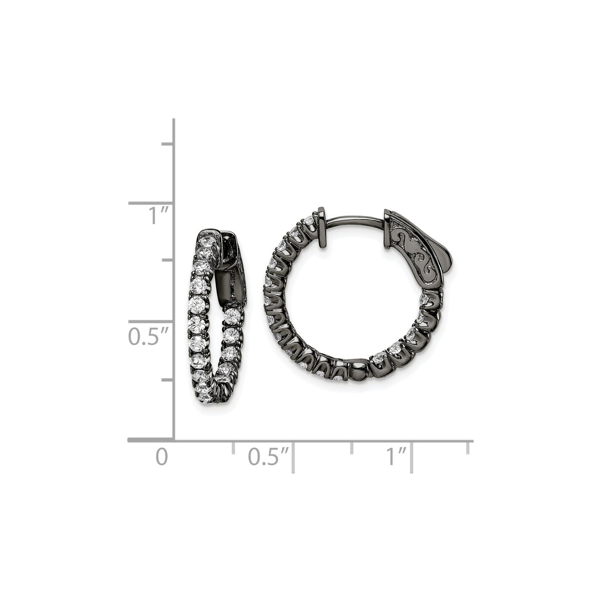 Sterling Silver Hoop Earrings with Cubic Zirconia, Black Rhodium Plated, In and Out Design