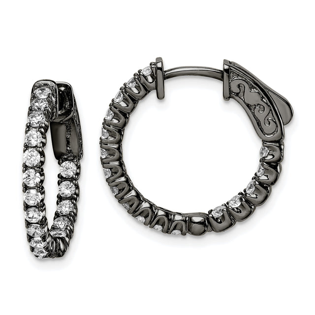 Sterling Silver Hoop Earrings with Cubic Zirconia, Black Rhodium Plated, In and Out Design