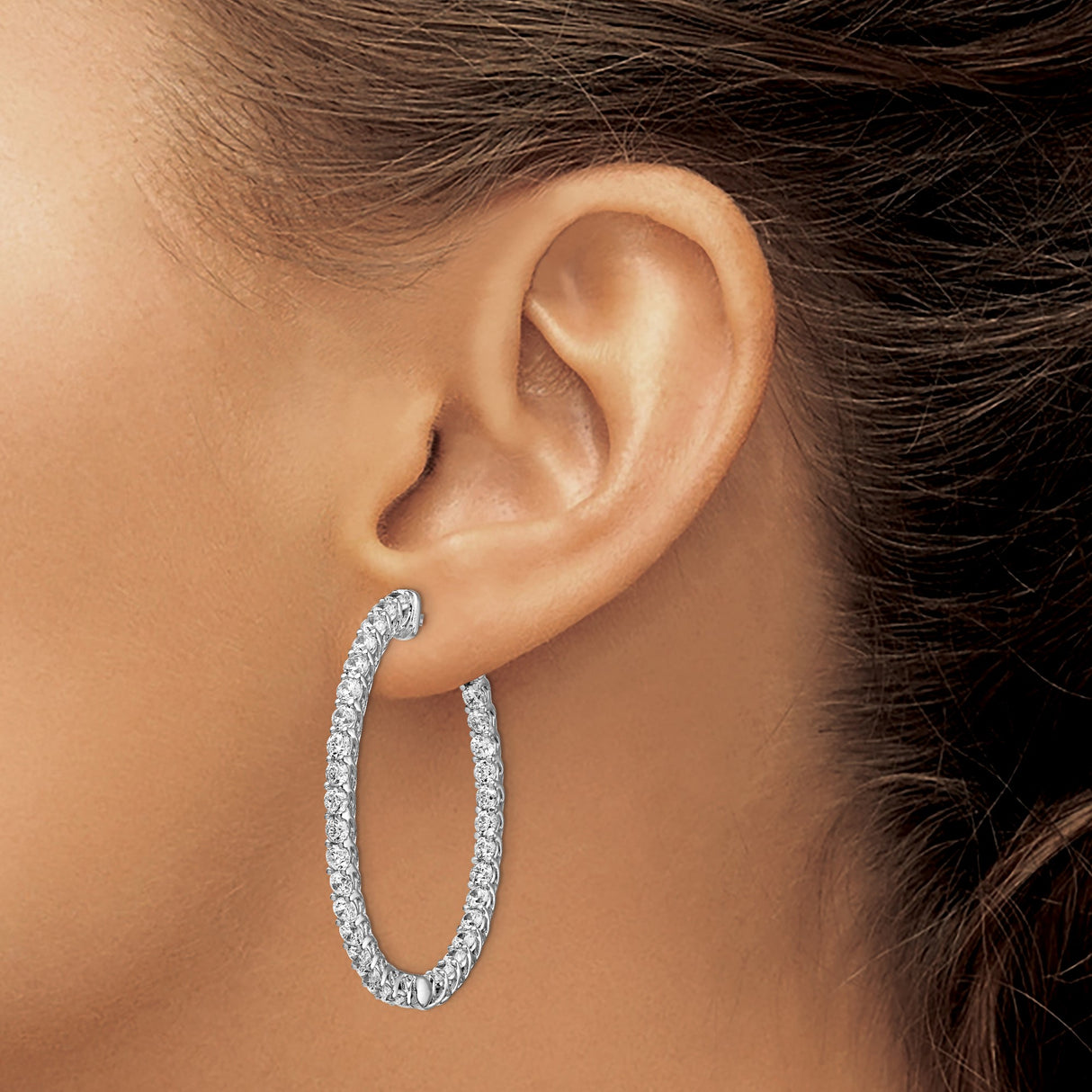 Sterling Silver Hoop Earrings with Cubic Zirconia, Inside Outside Lattice Design