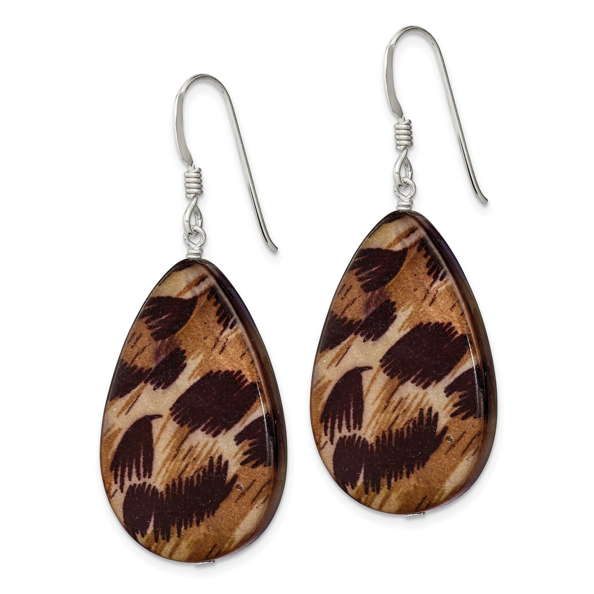 Sterling Silver Drop Earrings with Mother of Pearl, Teardrop and Feather Design, Boho Nature Style