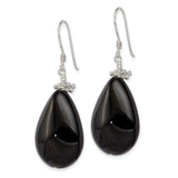 Sterling Silver Dangle Earrings with Black Agate Teardrops and Beaded Accents