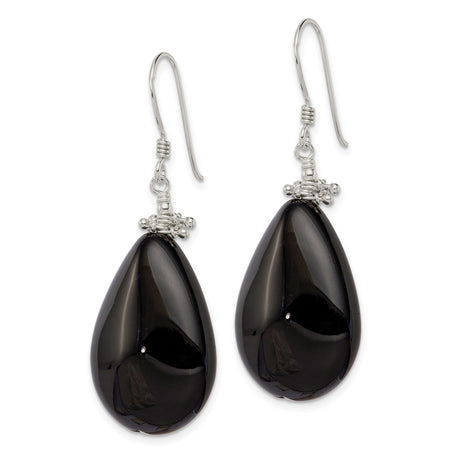 Sterling Silver Dangle Earrings with Black Agate Teardrops and Beaded Accents