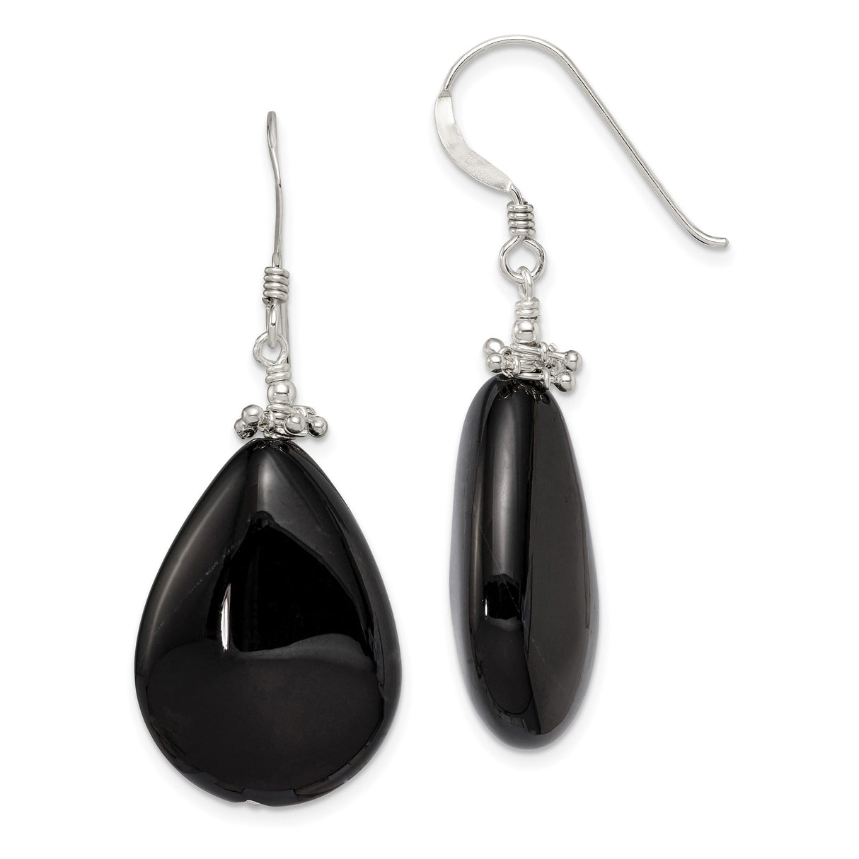 Sterling Silver Dangle Earrings with Black Agate Teardrops and Beaded Accents