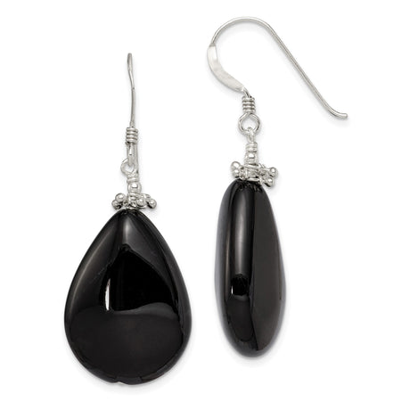 Sterling Silver Dangle Earrings with Black Agate Teardrops and Beaded Accents