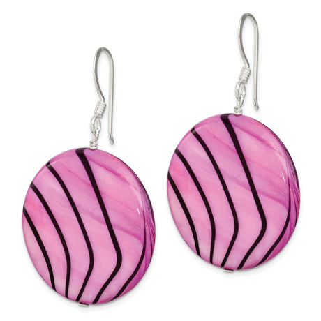Sterling Silver Dangle Earrings with Pink Mother of Pearl and Black Wavy Accents, Modern Drop Design