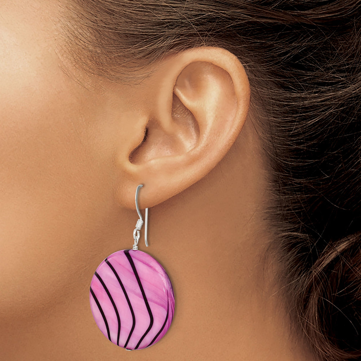 Sterling Silver Dangle Earrings with Pink Mother of Pearl and Black Wavy Accents, Modern Drop Design