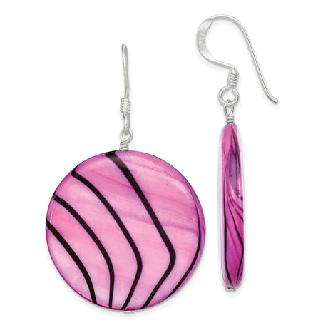 Sterling Silver Dangle Earrings with Pink Mother of Pearl and Black Wavy Accents, Modern Drop Design