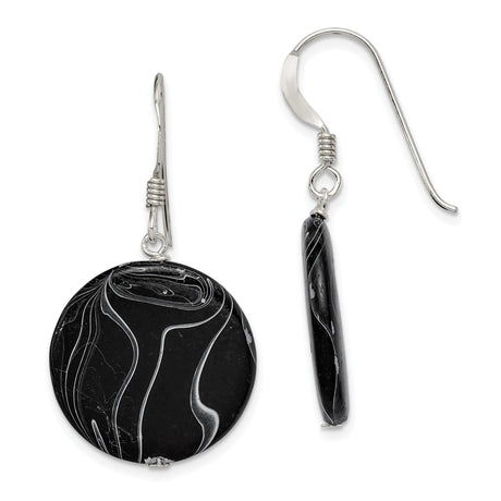 Sterling Silver Dangle Earrings with Round Agate Discs, Swirl Pattern, Modern Minimalist Style