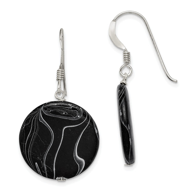 Sterling Silver Dangle Earrings with Round Agate Discs, Swirl Pattern, Modern Minimalist Style