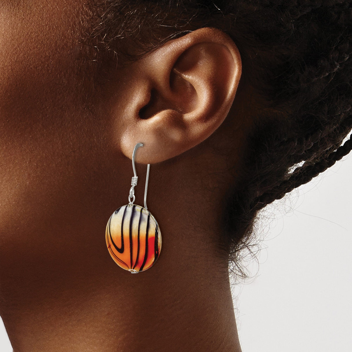 Sterling Silver Dangle Earrings with Mother of Pearl, Multicolor Glass Discs, Boho Swirl Design