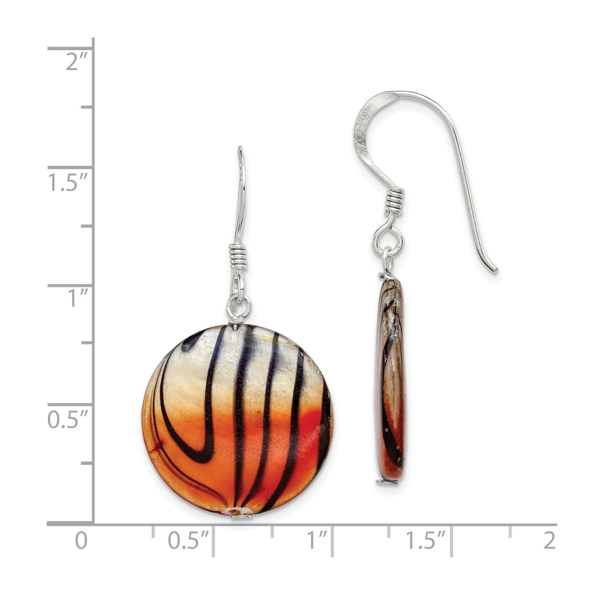 Sterling Silver Dangle Earrings with Mother of Pearl, Multicolor Glass Discs, Boho Swirl Design