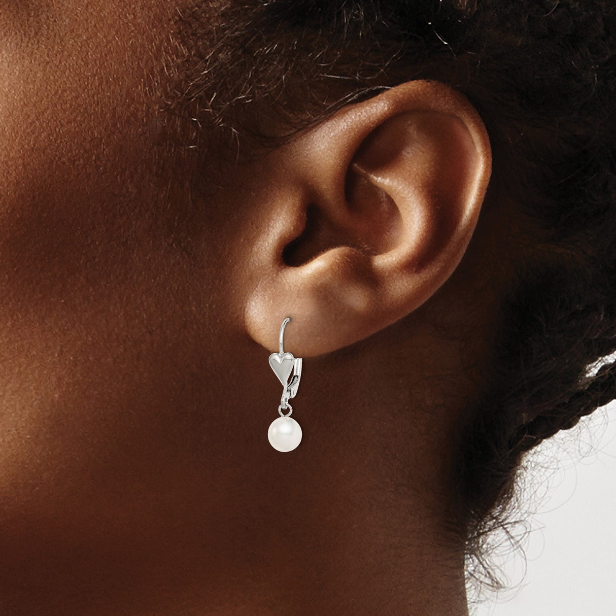 Sterling Silver Heart Leverback Earrings with White Freshwater Pearl Drops, Romantic Dangle Design