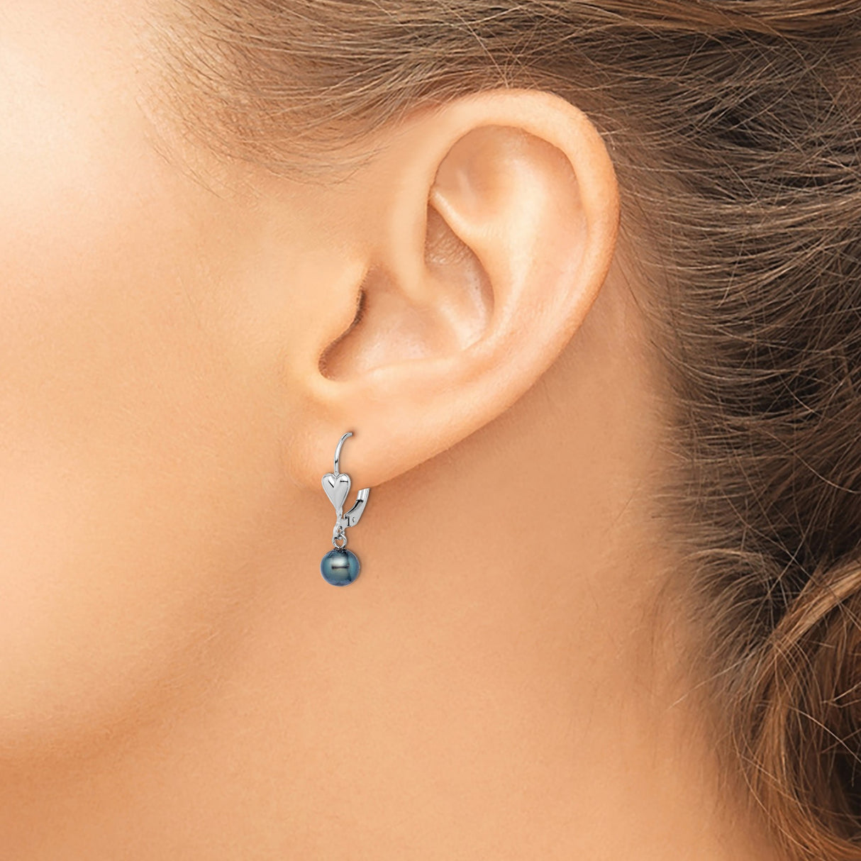 Sterling Silver Leverback Earrings with Black Freshwater Pearls and Heart Dangles