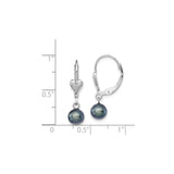 Sterling Silver Leverback Earrings with Black Freshwater Pearls and Heart Dangles