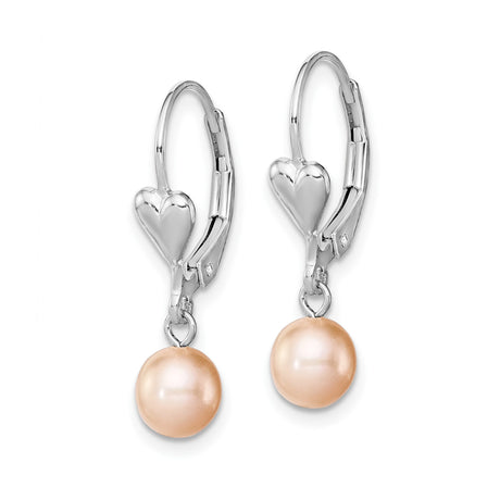 Sterling Silver Drop Earrings with Pink Freshwater Pearls and Heart Leverback Design