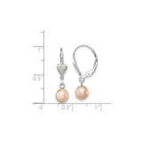 Sterling Silver Drop Earrings with Pink Freshwater Pearls and Heart Leverback Design