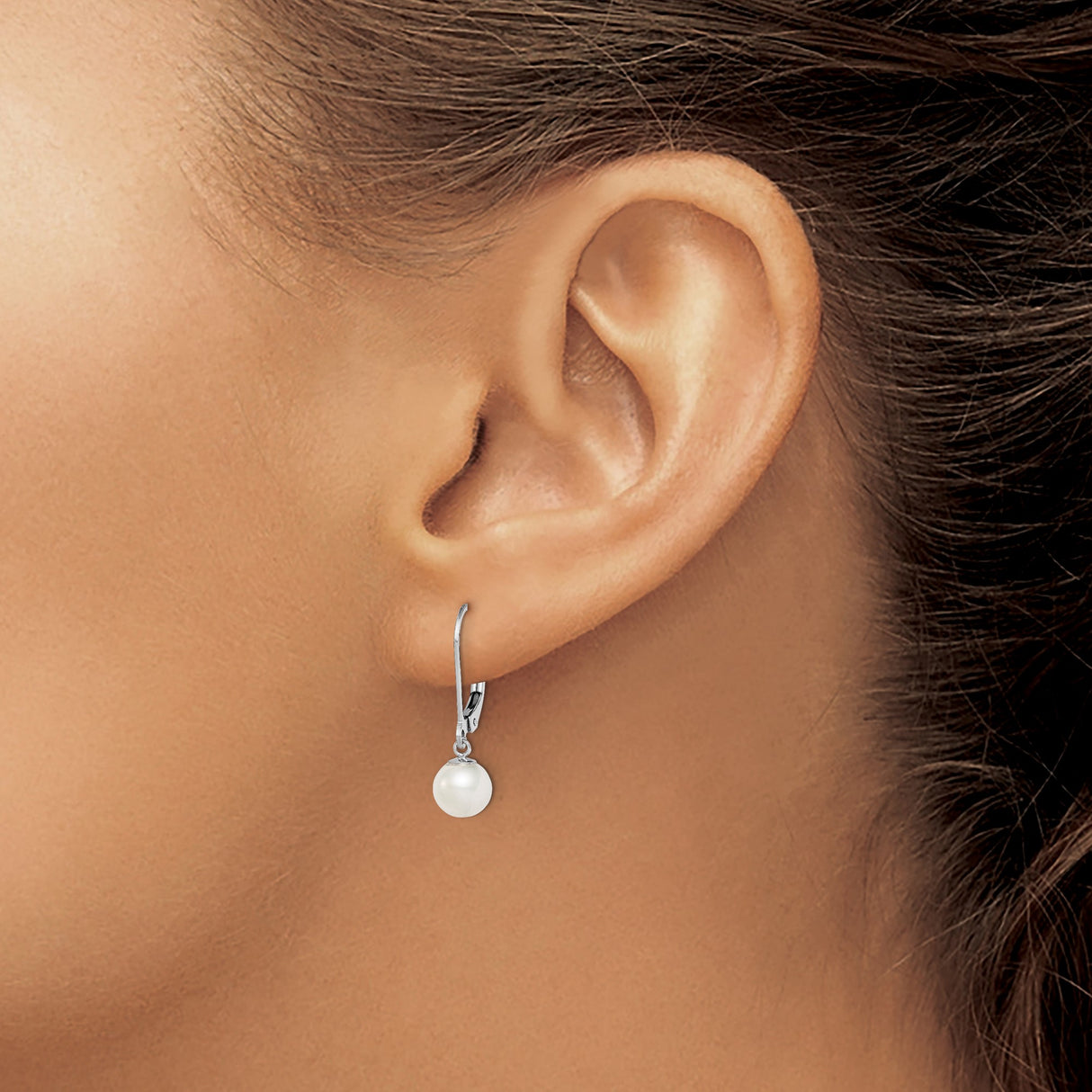 Sterling Silver Dangle Earrings with Round White Freshwater Pearl Drops, Leverback Design