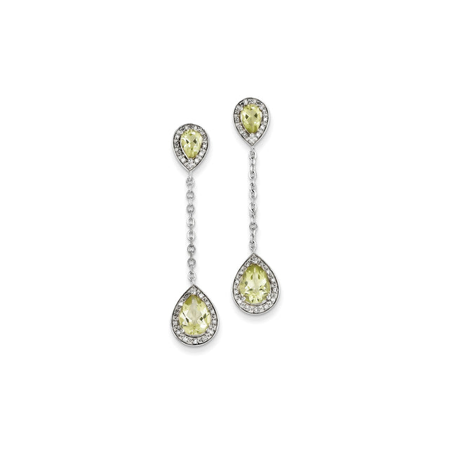 Sterling Silver Dangle Earrings with Lemon Quartz and Diamond in Pear Halo Design