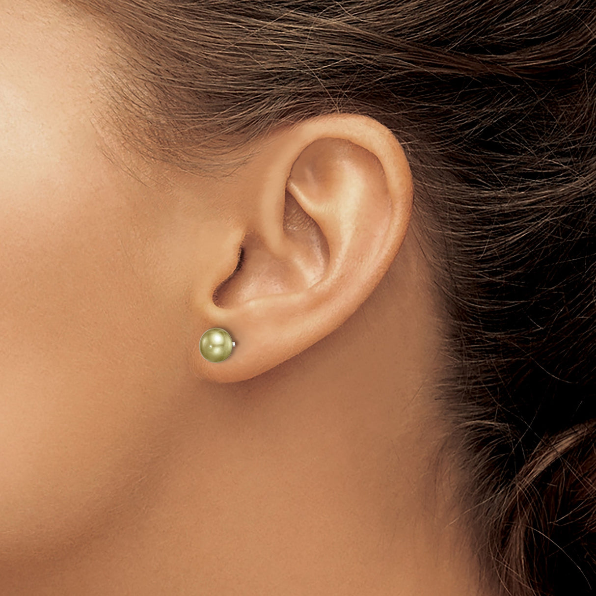 Sterling Silver Stud Earrings with Olive Green Freshwater Pearls, Round Button Design