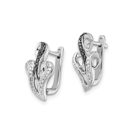 Sterling Silver Dangle Earrings with Black Diamond and Diamond, Leaf or Flame Inspired Design