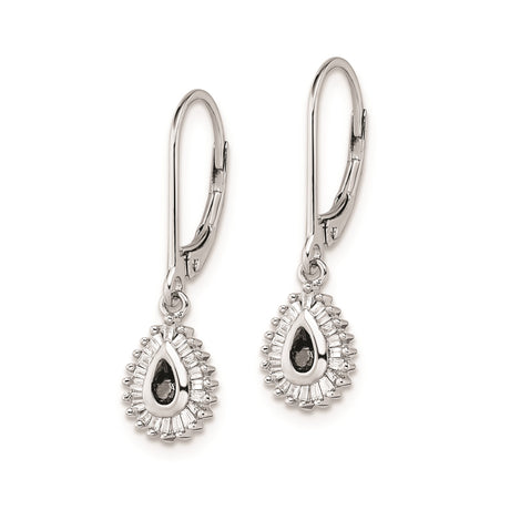 Sterling Silver Dangle Earrings with Black Stones and Diamond Accents in Sunburst Halo Design