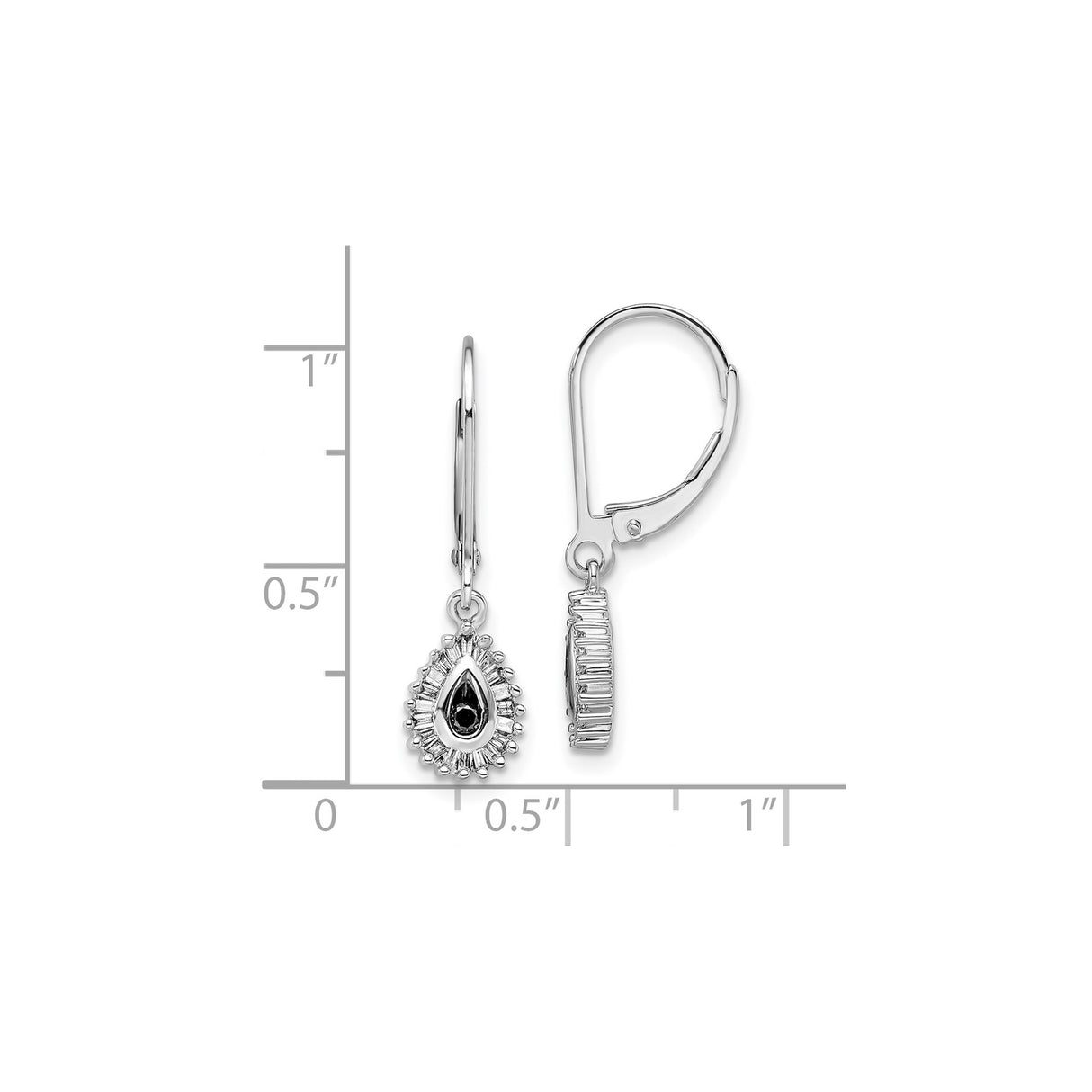 Sterling Silver Dangle Earrings with Black Stones and Diamond Accents in Sunburst Halo Design