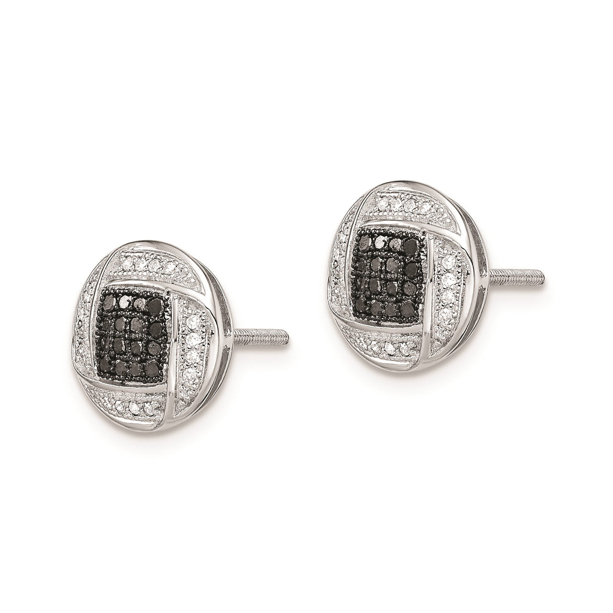 Sterling Silver Stud Earrings with Black and White Diamonds, Cushion Crossover Design