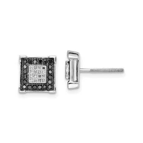 Sterling Silver Stud Earrings with Black Diamond and Diamond, Square Cluster Design, Mens Urban Style