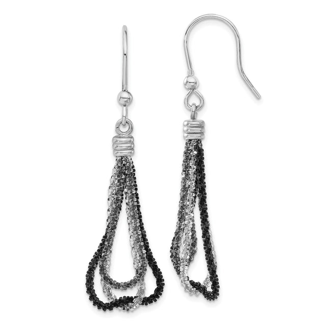 Sterling Silver Dangle Earrings with Multi-Strand Black and Silver Beaded Chains, Teardrop Design