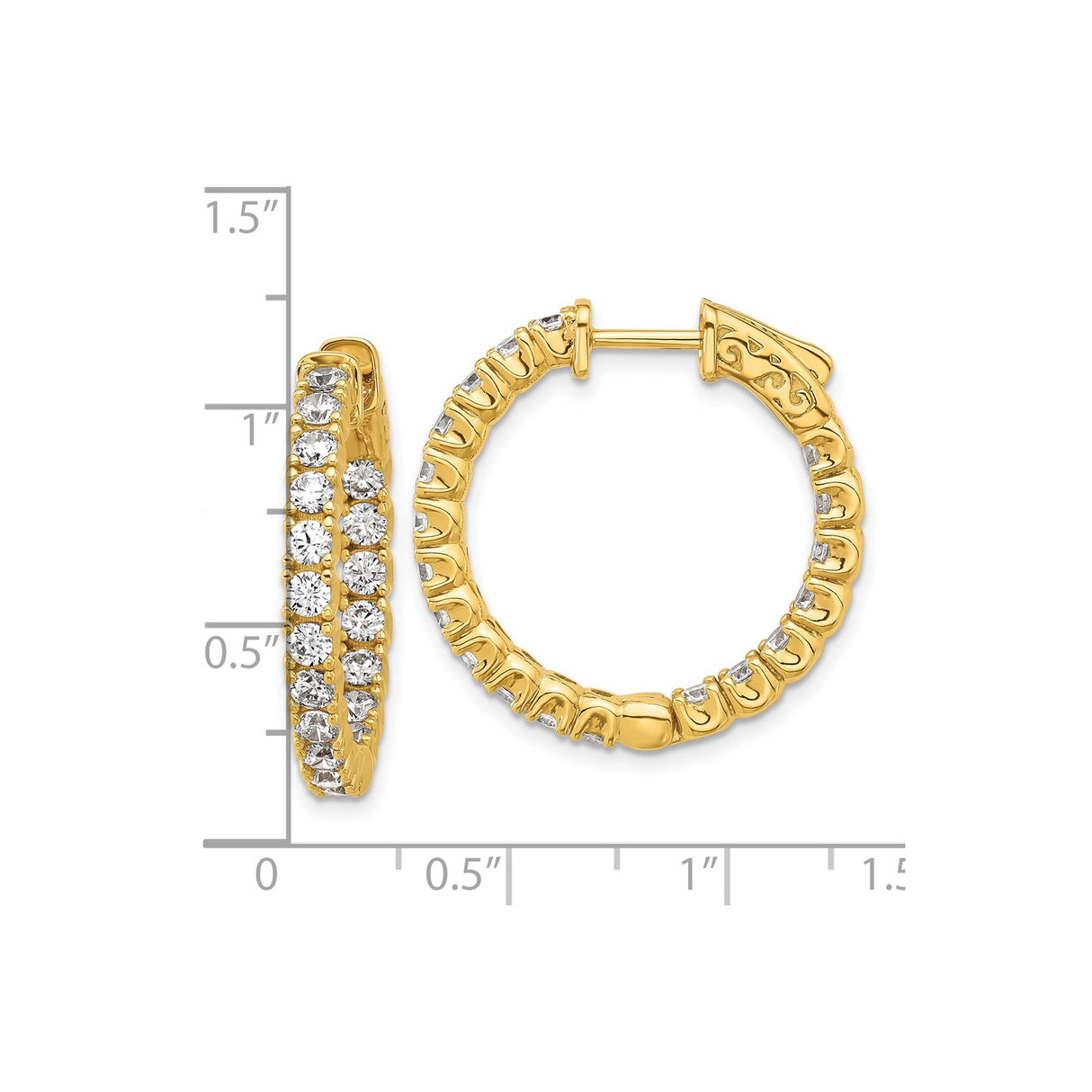 Sterling Silver Hoop Earrings with Cubic Zirconia, Channel Set, Gold Plated, Latch Closure