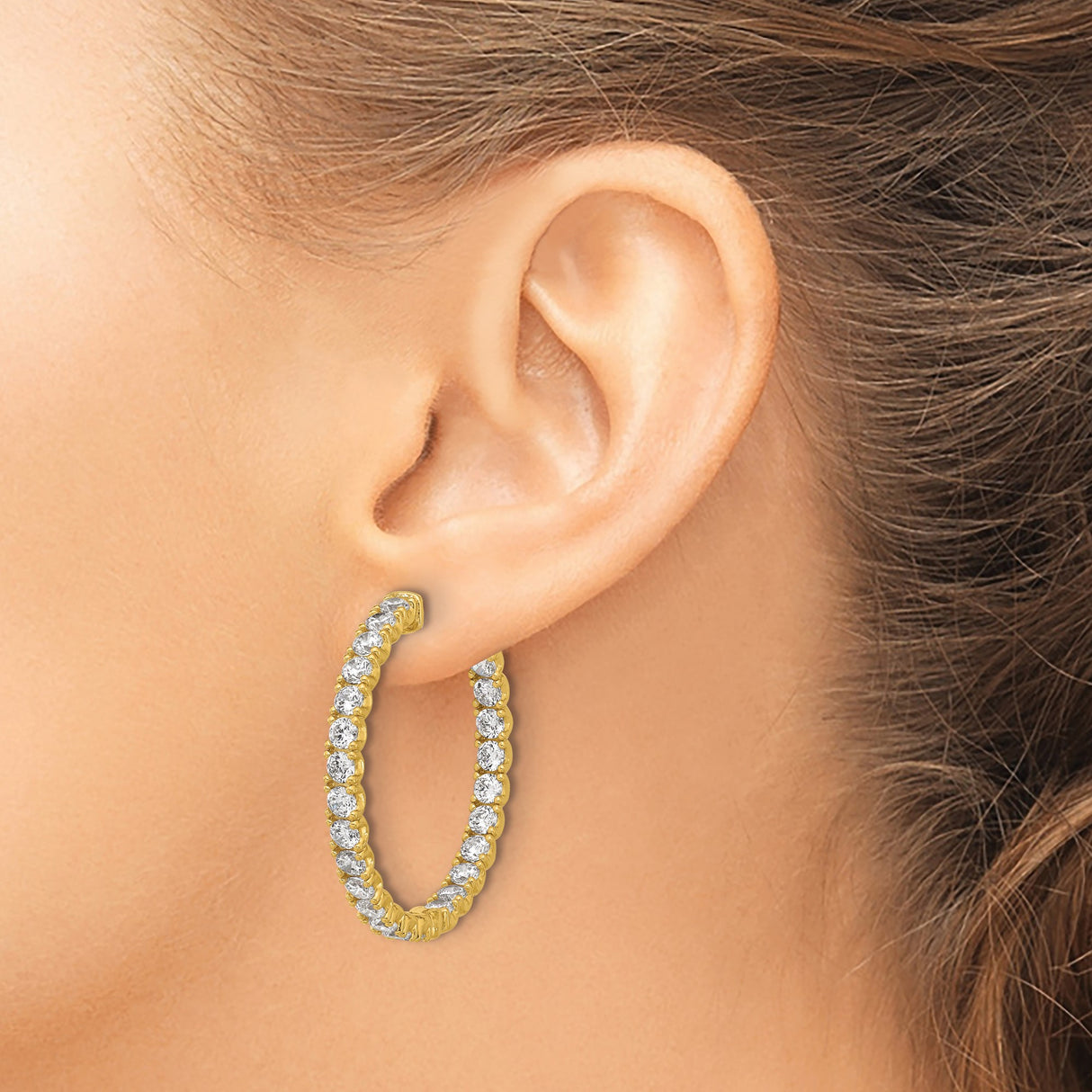 Sterling Silver Hoop Earrings with Round Cut Cubic Zirconia, In-Out Design, Evening Jewelry