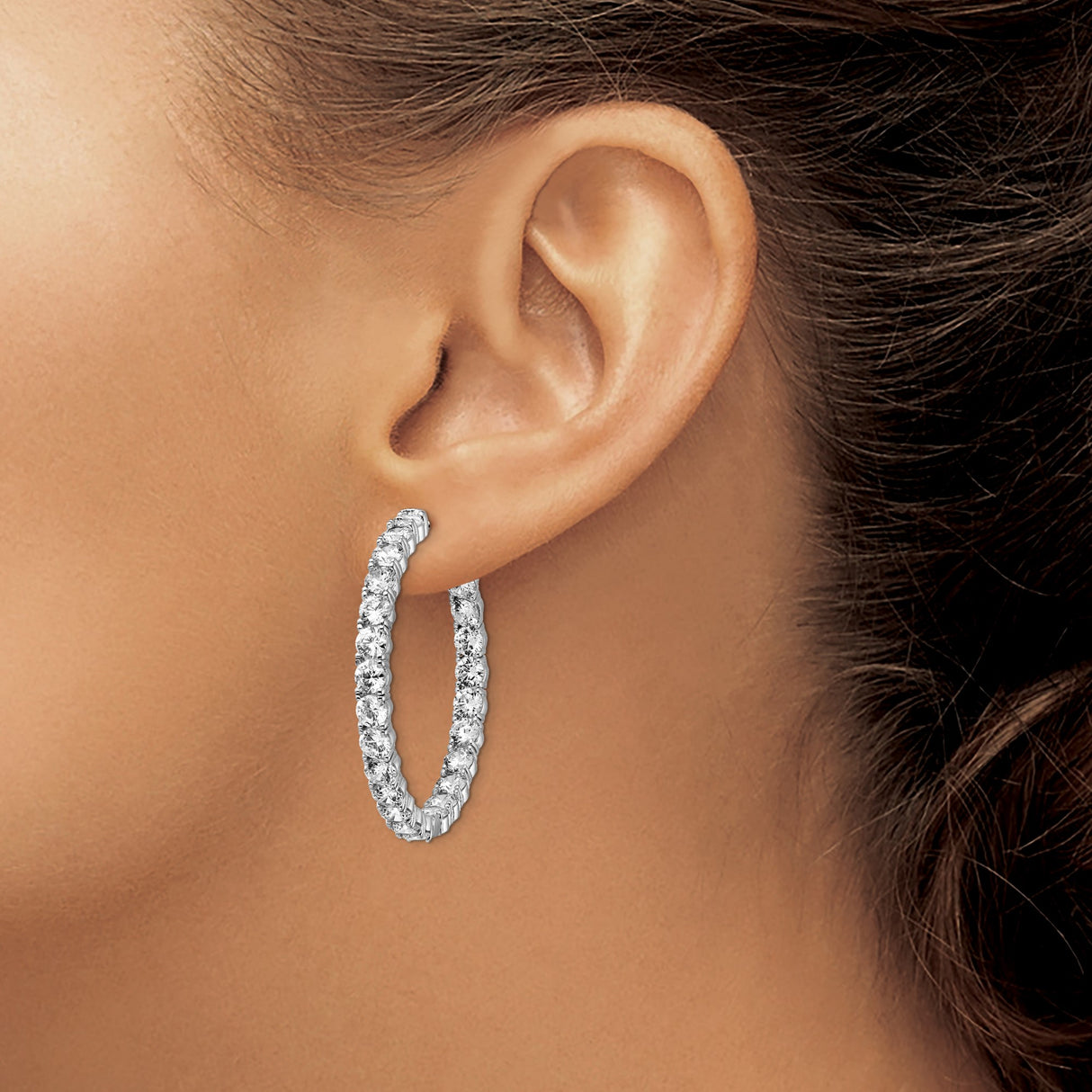 Sterling Silver Hoop Earrings with Round Cut Cubic Zirconia, Full Circle Prong Setting